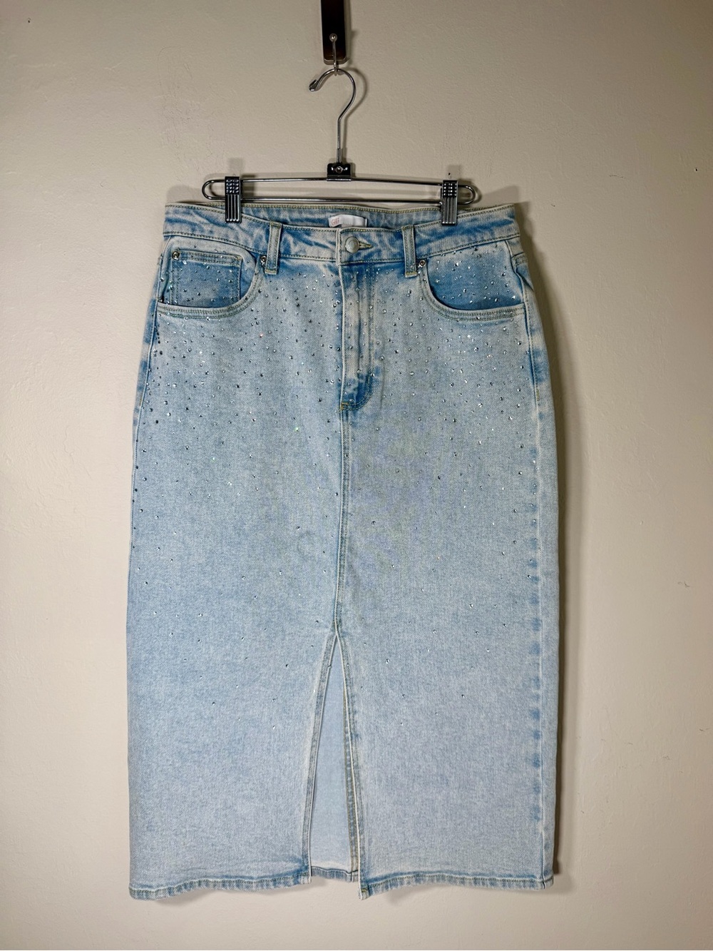 Gianni Bini Light Wash Denim Midi Skirt with Front Slit and Rhinestones